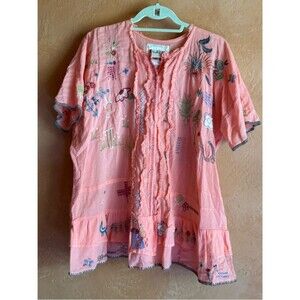 Johnny Was Embroidered Ruffle Hem Blouse Whimsical Boho Button Front Top Size L